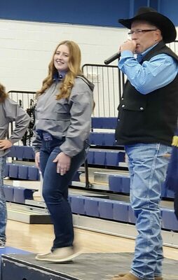 Central High FFA senior, Carson Baker, smiles as the bidding war increases at the annual labor auction, with auctioneer Todd Robertson keeping the momentum going. CH’s labor auction fundraiser was held Thursday, Nov. 3, 2022, at the CH gymnasium. Baker brought in $3,700 for her chapter. She also earned a pie in the face for her efforts. The fundraiser generated more than $41,000. There are around 80 students in the FFA program. Photos submitted by Carson Baker.