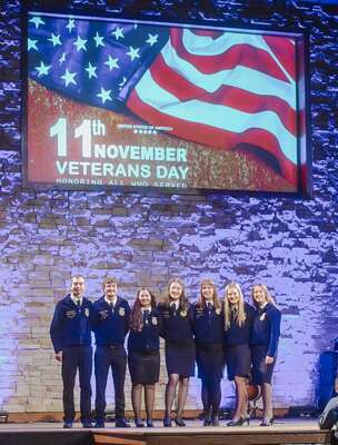 Marlow FFA officers gather for a photo at the Veterans Day program, Nov. 11, 2022. Photo by Nicole Throckmorton