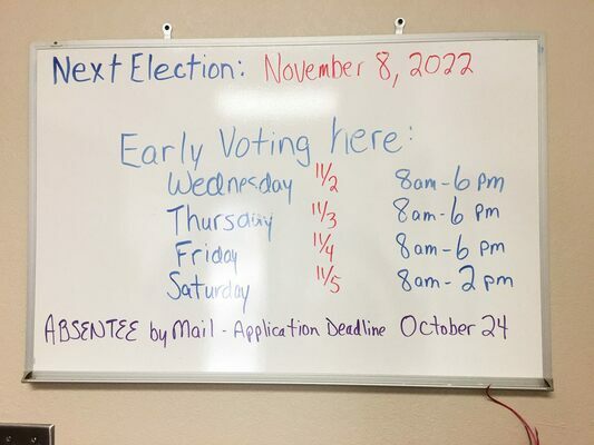 A sign in the entry way at the Stephens County Election Board Office, clearly indicates Early Voting Times and serves as a reminder for the upcoming Nov. 8, 2022, election. The Election Board is located at 1075 W. Elm in Duncan. Plenty of parking is available in the west parking lot. This is the old newsroom of The Duncan Banner’s former home.  Photo by Toni Hopper/The Marlow Review