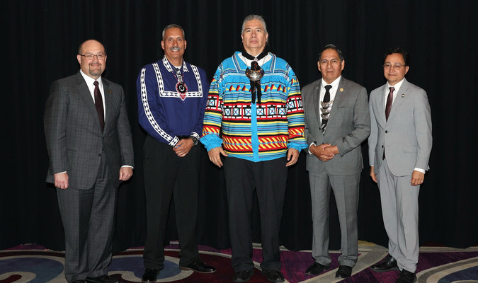 From left, Chickasaw Nation Lt. Governor Chris Anoatubby, Choctaw Nation Assistant Chief Jack Austin Jr., Seminole Nation of Oklahoma Chief Lewis Johnson, Muscogee Nation Principal Chief David Hill and Cherokee Nation Principal Chief Chuck Hoskin Jr., at the April 19 quarterly meeting of the Inter-Tribal Council (ITC) of the Five Civilized Tribes, hosted at the WinStar World Casino and Resort Convention Center.
