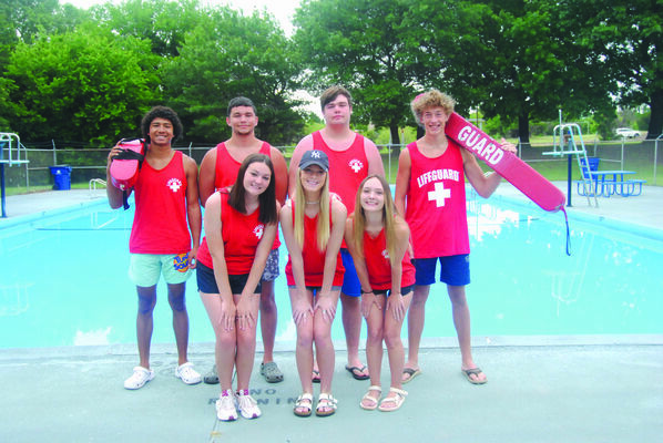 The Marlow Municipal Pool is open and lifeguards are ready to keep swimmers safe. Front row, from left: Sage Minyard, Marlow Latimer, Skielah Jackson. Back row: King Harrison, Noah Mova, Jason Manning, Logan Woods. Not pictured: Karlee Harrison

Photo by Miranda Hance/The Marlow Review