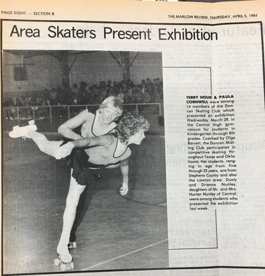 Area Skaters Present Exhibition: Terry Houk & Paula Cornwell were among 14 members of the Duncan Skating Club which presented an exhibition in the Central High gymnasium for students in kindergarten through 8th grades. Coached by Olga Barrett, the Duncan Skating Club participates in competitive skating throughout Texas and Oklahoma. Her students, ranging in age from five through 23 years, are from Stephens County and also the Lawton area.

Dusty and Drienna Nunley, daughters of Mr. and Mrs. Hunter Nunley of Central, were among students who presented the exhibition last week.