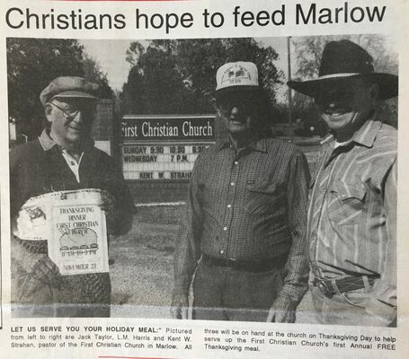 In this November 1995 photo, Jack Taylor, L.M. Harris, and First Christian Church Pastor Kent W. Strahan announce the first Community Thanksgiving Dinner, which has now grown to serve more than 1,000 meals, all prepared by volunteers in Marlow. The meal is free and this is the 27th year. First Baptist Church Life Center will be open 11:30 a.m. to 1:30 p.m. for meals on Thanksgiving Day. Meals will also be delivered to homebound residents.