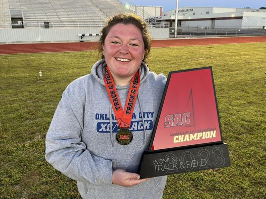 Morgan Lucas of Marlow, earned the Sooner Athletic Conference Championship title in Discus as she represented the Oklahoma City University Women’s Track &amp; Field Team at the SAC meet held at Arkansas State University, Saturday, April 29. Photo Courtesy of Matt Lucas