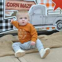 Gus, 11 months, can’t wait until he’s old enough to drive his own pickup truck through a corn maze. His parents are Emily and Shane Schrick of Marlow.