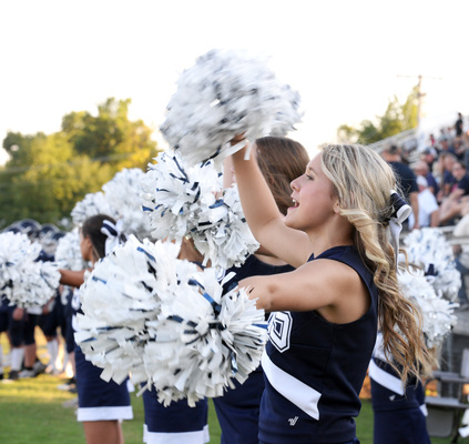Marlow Middle School cheerleader Karter Boyles keeps up the spirit during the Outlaw JV game against Lindsay, Thursday, Sept. 28, 2023. Photo by Toni Hopper/The Marlow Review