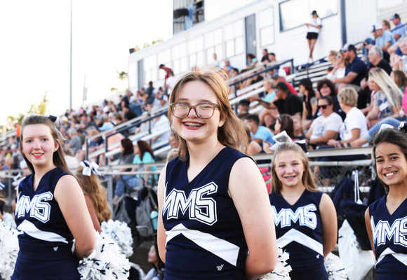 Keeping Formation
Marlow Middle School cheerleaders Hattie Gann, front center, Hayden Dodd, left, Harleigh Pax and Belle Pettijohn shared smiles but maintained their stance during a momentary break during the 8th grade football game against Lindsay, Thursday, Sept. 28, 2023. Photo by Toni Hopper/The Marlow Review