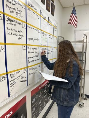 Marlow FFA member Emma Throckmorton fills in the calendar for the FFA program and upcoming events,
which includes a visit from Oklahoma State FFA officers this week, set for Thursday. Photo submitted by
Quaid Kennan, FFA advisor for Marlow High School