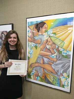 Cameron student Alyssa Cox displays her first-place award in the Two Dimensional Art category of the Cameron University Student Art Competition alongside her winning pastel, “A Stroll through Paradise.” Cox is a 2018 graduate of Marlow High School.