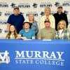 Hunter Miller, a Marlow senior, joined the Murray State College Fishing Team when he signed an official scholarship letter, Feb. 7, 2024. Family, classmates and friends attended the event. He's seen here with his family. Front row, from left: Maddie Miller, Hunter Miller, parents Jeremy and Brandi Miller, back row, l-r: grandparents Curtis and Mary Hutton, Gertha and Bill Miller. Photo by Toni Hopper/The Marlow Review