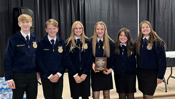 Marlow FFA’s opening and closing ceremony team earned first place at the Waurika PI contest, held Oct. 4, 2022, at Stephens County Fair &amp; Expo Center, Duncan. They advance to state contest in Stillwater, Oct. 18. Left to right: Major Fleetwood, Jack Glover, Lilly Morningstar, Kinley Castle, Avery Throckmorton and Reese Dickerson. SUBMITTED PHOTO