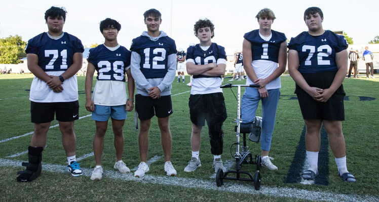 Sidelined
Tyrie Willis (71), Justin Zhang (29), Lane Boyles (12), Patrick Derichsweiler (19), Boomer Brooks (1) and Nathanael Fincher (72) are sidelined due to injuries sustained this season. Photo by Toni Hopper/The Marlow Review
