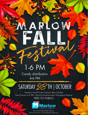 The Marlow Chamber of Commerce is hosting a new event, the Marlow Fall Festival, set for Saturday, Oct. 28. The event will begin at 1 p.m. and a free concert featuring numerous artists will begin at 6 p.m. on Marlow's Main Street.