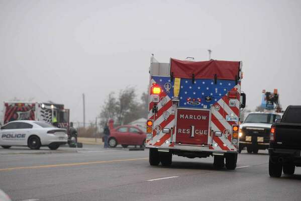 Marlow Fire &amp; Rescue was among the agencies responding to the Thanksgiving Eve two-car accident on US 81-S in front of Marlow Kwik Lube, Wednesday, Nov. 23, 2022. Photo by Toni Hopper/The Marlow Review