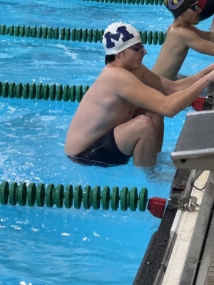 Marlow's Brodie Duncan ready for the backstroke start at the Southwest Area Championship meet, Jan. 19. He set a personal record in the event, shaving off 6.51 seconds from his previous meet. Photo submitted by Cindy Dyes