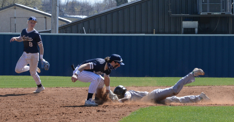 TAG, YOU’RE OUT!
Marlow’s Hudson Morgan manages to send a Clinton player packing after the opponent took a nose dive into 2nd base. Photo by Toni Hopper/The Marlow Review